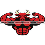 Bodybuilding Bull Bulls Athlete Bodybuilder Fitness Trainer Gym Workout Training Muscle Sport Train Health Healthy Lifestyle Weightlifting Flex Dumbbell Posing Weight Pose Fit Body Strong Art Color Design Logo Clipart SVG