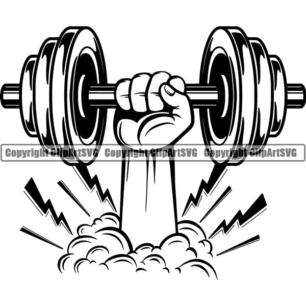 Bodybuilding Athlete Bodybuilder Fitness Trainer Gym Workout Training Muscle Sport Bodybuild Train Health Healthy Lifestyle Weightlifting Lightning Hand Holding Dumbbell Weight Plate Bar Working Out Silhouette Art Design Logo Clipart SVG