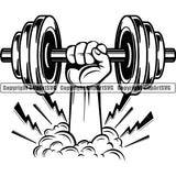 Bodybuilding Athlete Bodybuilder Fitness Trainer Gym Workout Training Muscle Sport Bodybuild Train Health Healthy Lifestyle Weightlifting Lightning Hand Holding Dumbbell Weight Plate Bar Working Out Silhouette Art Design Logo Clipart SVG