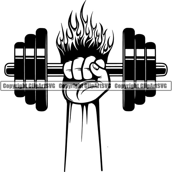 Bodybuilding Athlete Bodybuilder Fitness Trainer Gym Workout Training Muscle Sport Bodybuild Train Health Healthy Lifestyle Weightlifting Hand Fire Holding Dumbbell Weight Bar Flex Fit Body Strong Silhouette Art Design Logo Clipart SVG