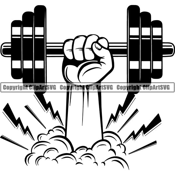 Bodybuilding Athlete Bodybuilder Fitness Trainer Gym Workout Training Muscle Sport Bodybuild Train Health Healthy Lifestyle Weightlifting Lightning Hand Holding Dumbbell Weight Plate Bar Working Out Art Silhouette Design Logo Clipart SVG