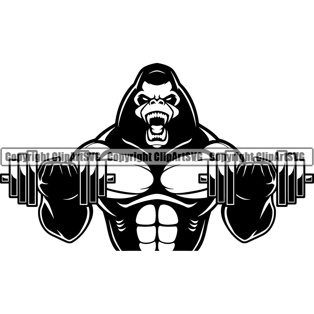 Bodybuilding Gorilla Gorillas Athlete Bodybuilder Fitness Trainer Gym Workout Training Muscle Sport Bodybuild Train Health Healthy Lifestyle Weightlifting Flex Dumbbell Posing Weight Pose Fit Body Strong Art Silhouette Design Logo Clipart SVG