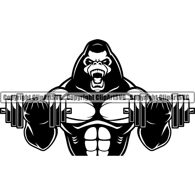 Bodybuilding Gorilla Gorillas Athlete Bodybuilder Fitness Trainer Gym Workout Training Muscle Sport Bodybuild Train Health Healthy Lifestyle Weightlifting Flex Dumbbell Posing Weight Pose Fit Body Strong Art Silhouette Design Logo Clipart SVG