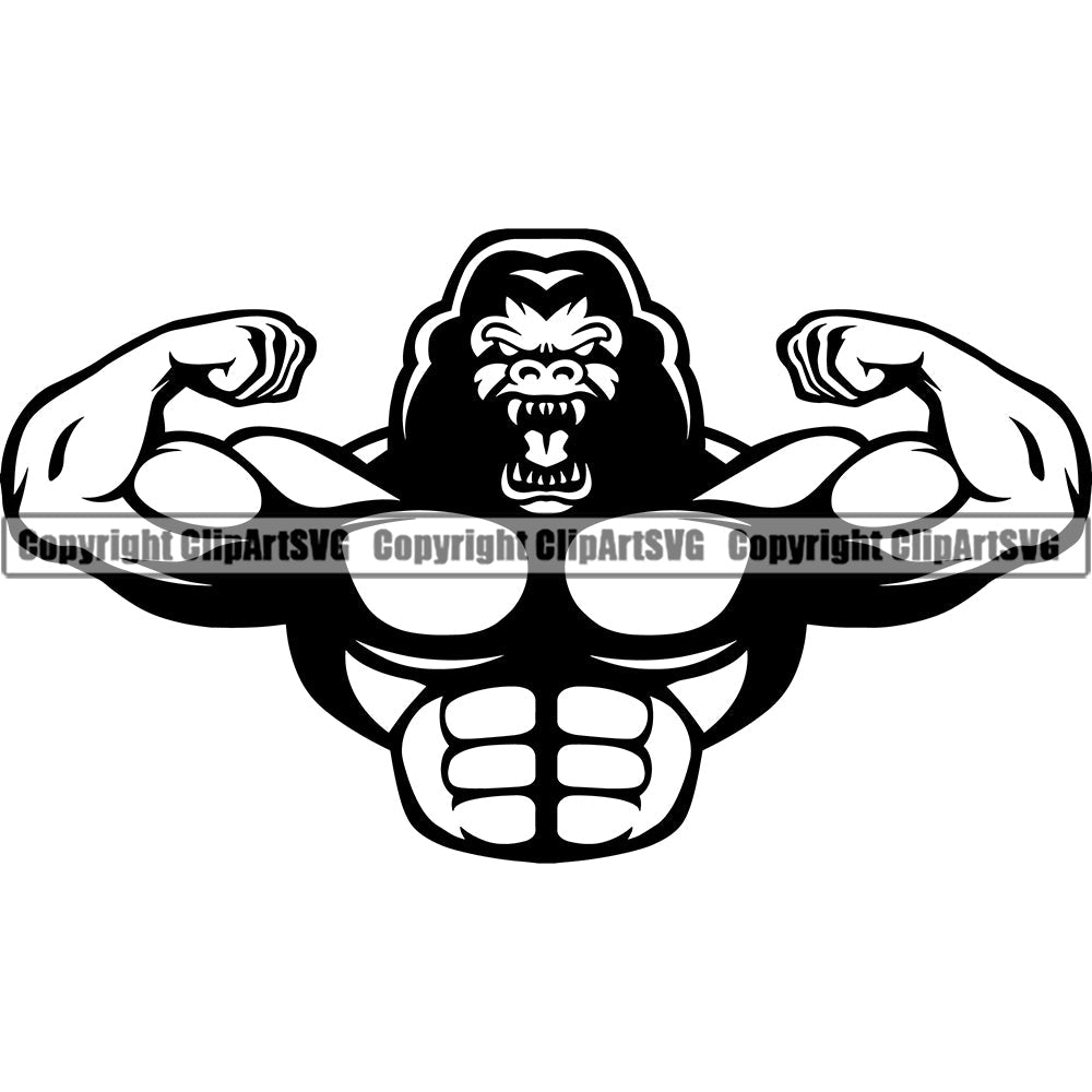Bodybuilding Gorilla Gorillas Athlete Bodybuilder Fitness Trainer Gym Workout Training Muscle Sport Bodybuild Train Health Healthy Lifestyle Weightlifting Flex Dumbbell Posing Weight Pose Fit Body Strong Silhouette Art Design Logo Clipart SVG