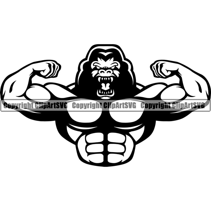 Bodybuilding Gorilla Gorillas Athlete Bodybuilder Fitness Trainer Gym Workout Training Muscle Sport Bodybuild Train Health Healthy Lifestyle Weightlifting Flex Dumbbell Posing Weight Pose Fit Body Strong Silhouette Art Design Logo Clipart SVG