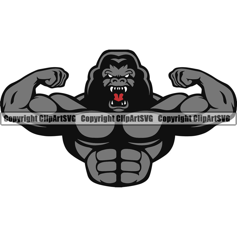 Bodybuilding Gorilla Gorillas Athlete Bodybuilder Fitness Trainer Gym Workout Training Muscle Sport Bodybuild Train Health Healthy Lifestyle Weightlifting Flex Dumbbell Posing Weight Pose Fit Body Strong Color Art Design Logo Clipart SVG