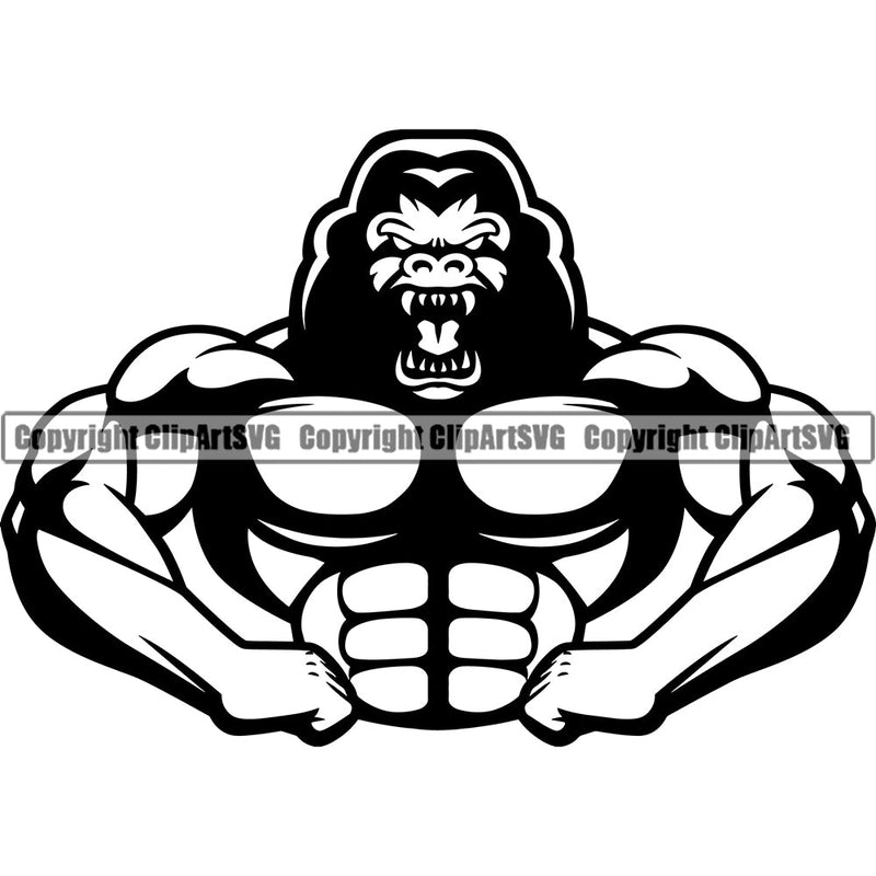 Bodybuilding Gorilla Gorillas Athlete Bodybuilder Fitness Trainer Gym Workout Training Muscle Sport Bodybuild Train Health Healthy Lifestyle Weightlifting Flex Dumbbell Pose Posing Weight Fit Body Strong Silhouette Art Design Logo Clipart SVG