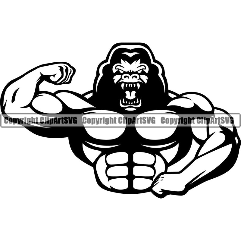Bodybuilding Athlete Bodybuilder Fitness Trainer Gym Workout Training Muscle Sport Bodybuild Train Health Healthy Lifestyle Weightlifting Gorilla Gorillas Flex Dumbbell Posing Weight Pose Fit Body Strong Silhouette Art Design Logo Clipart SVG