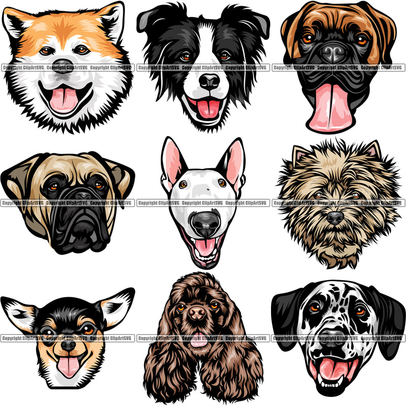 9 Dog Breed Head Face Top Selling Color Designs BUNDLE ClipArt SVG