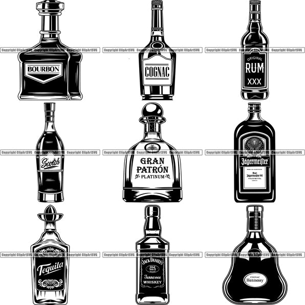 9 Liquor Bottle Top Selling Designs Whiskey Run Tequila BUNDLE ClipArt SVG