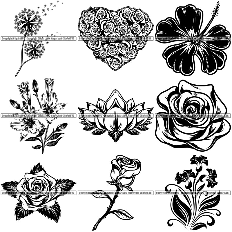 9 Flower Nature Gardner Garden Plant Landscape Rose Romance Love Heart Design Elements BUNDLE ClipArt SVG