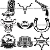 9 Cowboy Western Rodeo Design Elements Old Wild West BUNDLE ClipArt SVG