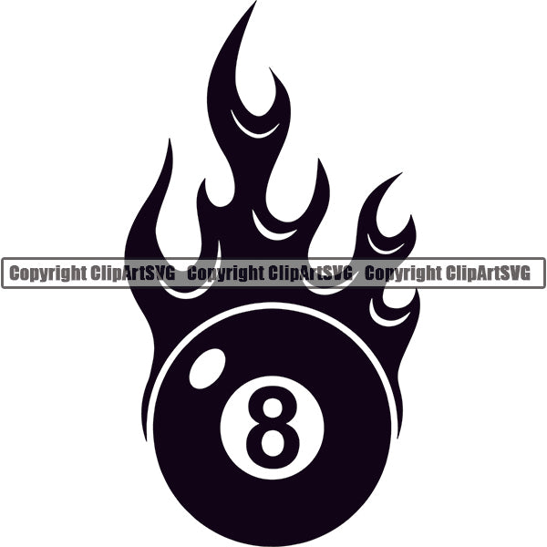 Billiards Pool 8-Ball Fire Flames ClipArt SVG