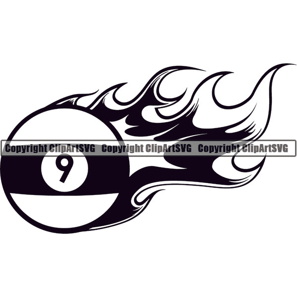 Billiards Pool 9-Ball Ball Fire Flames ClipArt SVG