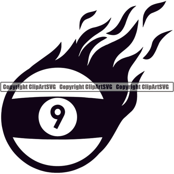 Billiards Pool 9-Ball Ball Fire Flames ClipArt SVG
