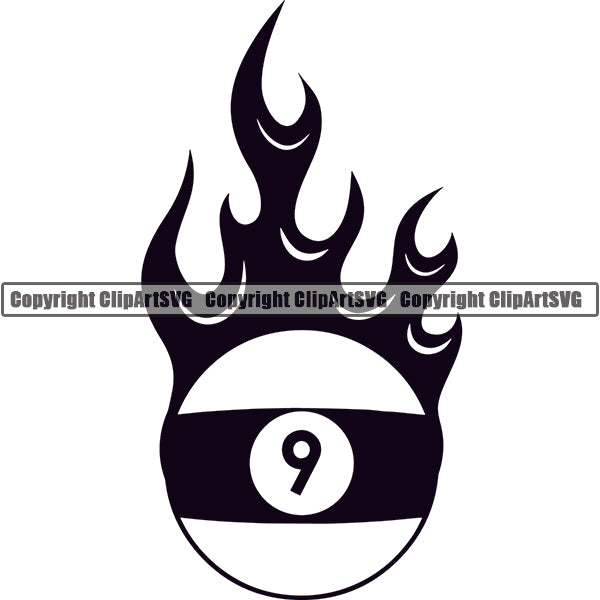 Billiards Pool 9-Ball Ball Fire Flames ClipArt SVG