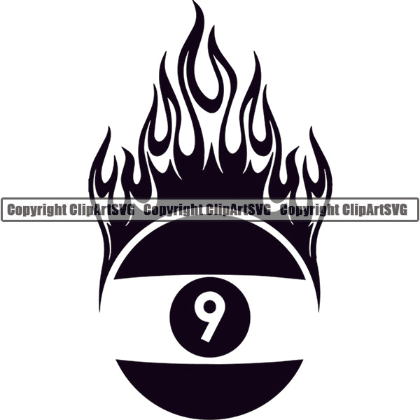 Billiards Pool 9-Ball Ball Fire Flames ClipArt SVG