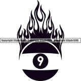 Billiards Pool 9-Ball Ball Fire Flames ClipArt SVG