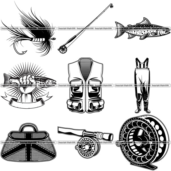 9 Fly Fishing Design Elements Sport Game Fish Fisherman Tournament BUNDLE ClipArt SVG
