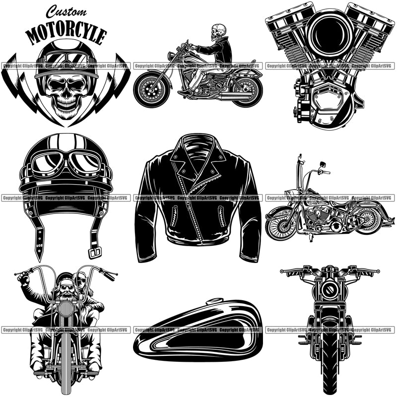 9 Motorcycle Chopper Biker Top Selling Designs Service Repair Shop Racing BUNDLE (C) ClipArt SVG