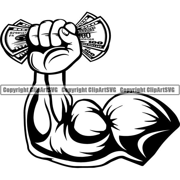 Hand Arm Muscles Bodybuilding Holding Money White Background Design Element Business Finance Cash Payment Currency Dollar Investment Banking Bank Wealth Stack Concept Rich Advertising Art Logo Clipart SVG