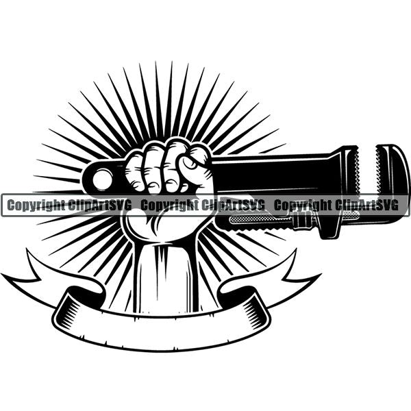 Plumbing Plumber Pipe Repair Service Hand Sunburst Ribbon ClipArt SVG