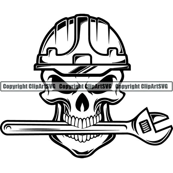 Construction Building Repair Service Skull Helmet Adjustable Wrench ClipArt SVG