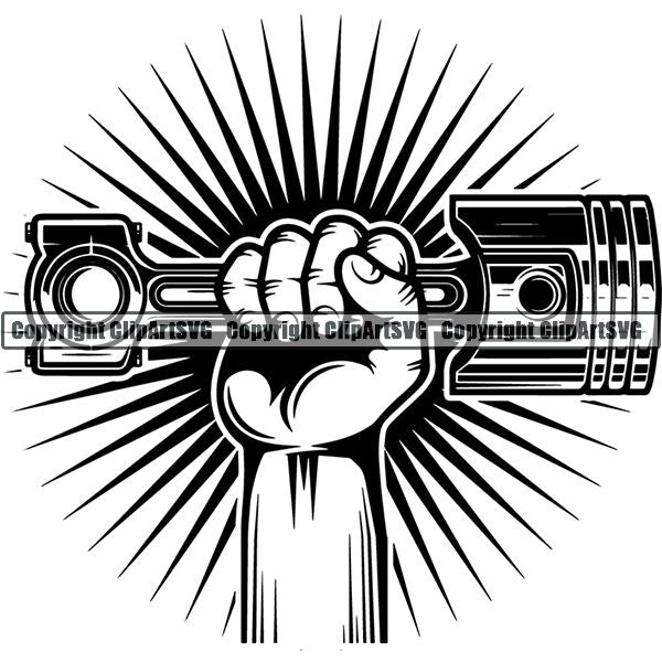 Mechanic Repair Shop Garage Piston Hand Sunburst ClipArt SVG