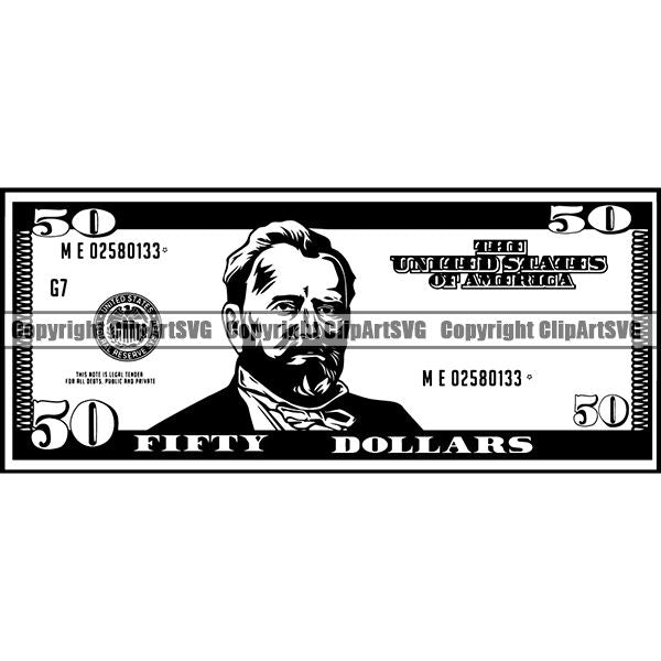Money Cash 50 Fifty Dollar Bill Ulysses S Grant Bank Currency Banking Coin Collecting Dollar Sign Design Stack Bank Finance Rich Wealthy Knot Roll Spread 100 Dollar Bill Currency Advertise Marketing Clipart SVG