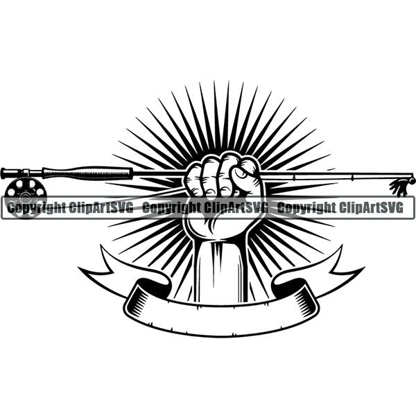 Sports Game Hunting Fishing Hunt Fish Fly Hand Sunburst Ribbon ClipArt SVG