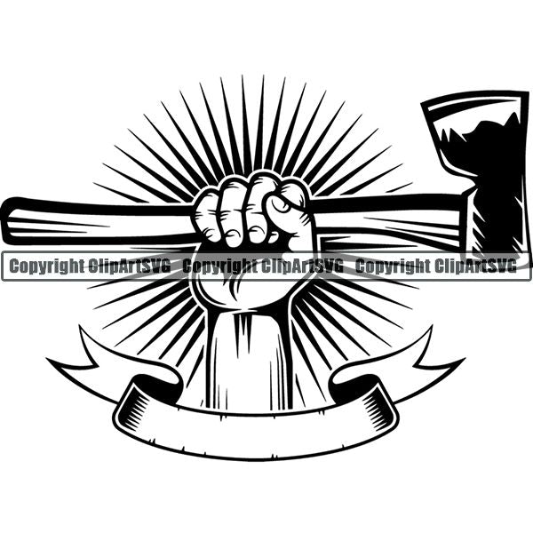 Construction Woodworking Carpenter Lumberjack Hand Sunburst Ribbon ClipArt SVG