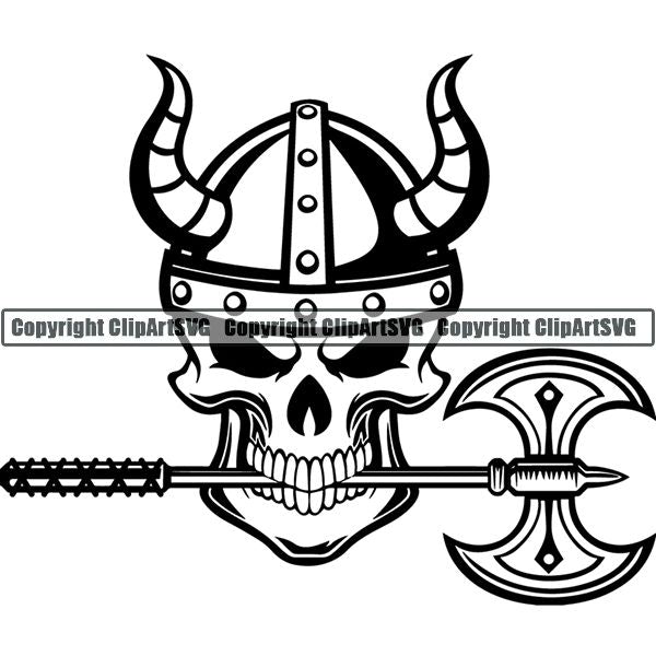 Viking Warrior Skull Hat Axe ClipArt SVG