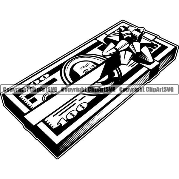 Money Cash Gift Bow Ribbon Money Win Sweepstakes Big Pile Stack Lotto Lottery Currency Banking Coin Collecting Dollar Sign Design Stack Bank Finance Rich Wealthy Knot Roll Spread 100 Dollar Bill Currency Advertise Marketing Clipart SVG