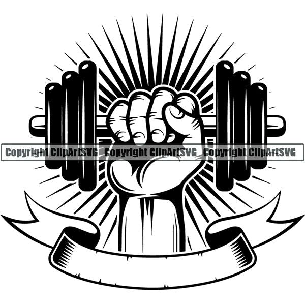 Gym Sports Bodybuilding Fitness Muscle Hand Sunburst Ribbon ClipArt SVG