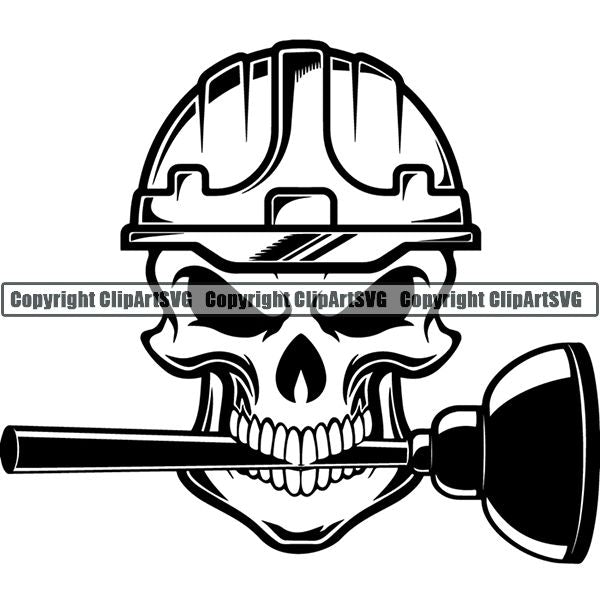 Construction Building Repair Service Skull Helmet Plunger ClipArt SVG