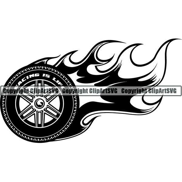 Sports Car Racing Tire Flame ClipArt SVG