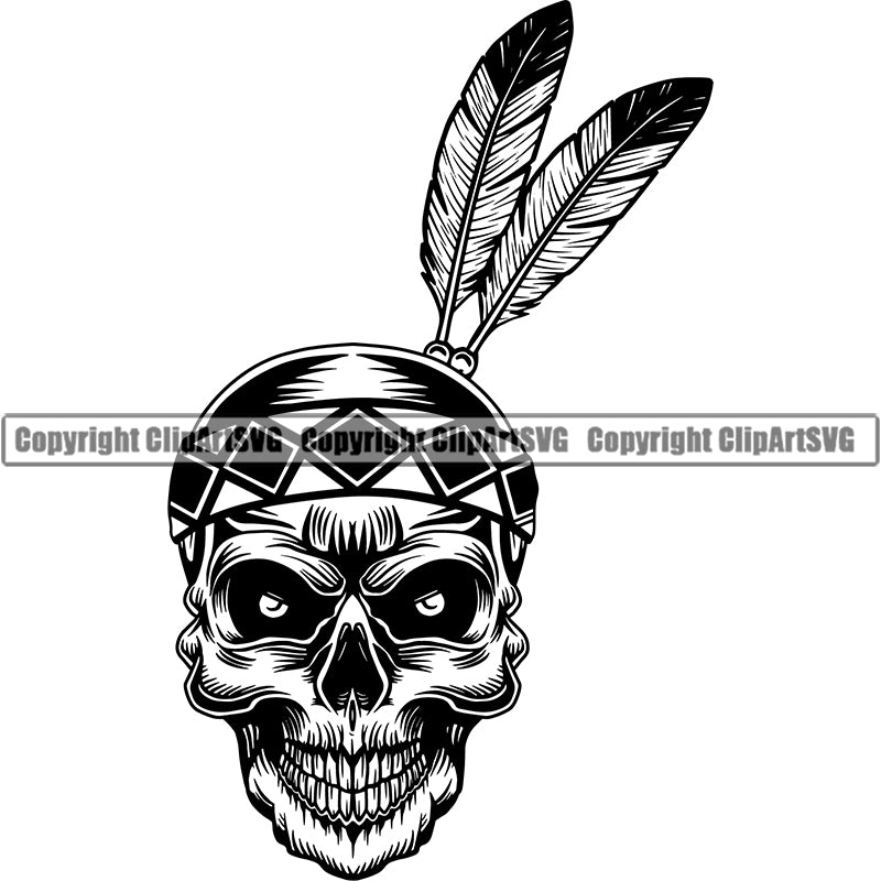 Ethnic Indian Feather Tribal Decoration Head Skull Skeleton Scary Evil Horror Halloween Death Dead Native American Warrior Mascot Team Sports ClipArt SVG