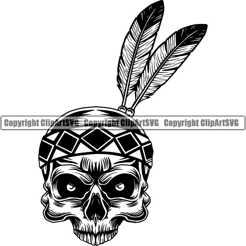 Ethnic Indian Feather Tribal Decoration Head Skull Skeleton Scary Evil Horror Halloween Death Dead Native American Warrior Mascot Team Sports ClipArt SVG