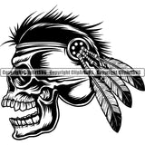 Ethnic Indian Feather Tribal Decoration Head Skull Skeleton Scary Evil Horror Halloween Death Dead Native American Warrior Mascot Team Sports ClipArt SVG