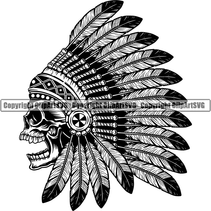 Ethnic Indian Feather Tribal Decoration Head Skull Skeleton Scary Evil Horror Halloween Death Dead Native American Warrior Mascot Team Sports ClipArt SVG