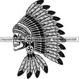 Ethnic Indian Feather Tribal Decoration Head Skull Skeleton Scary Evil Horror Halloween Death Dead Native American Warrior Mascot Team Sports ClipArt SVG