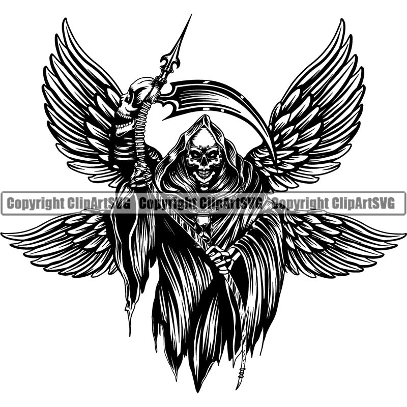 Skull Skeleton Grim Reaper Sickle Wing Scary Evil Horror Halloween Death Dead ClipArt SVG