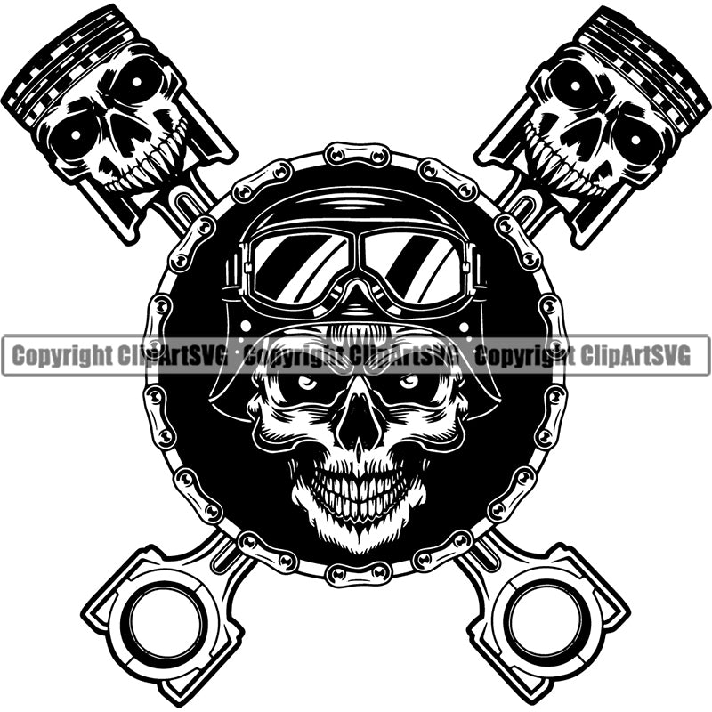 Motorcycle Chopper Motor Repair Mechanic Service Skeleton Garage Logo Auto Parts Engine Piston Skull Chain ClipArt SVG