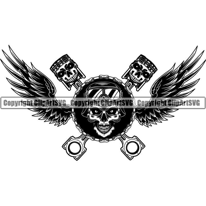 Motorcycle Chopper Motor Repair Mechanic Service Skeleton Garage Logo Auto Parts Engine Piston Skull Chain Wing ClipArt SVG