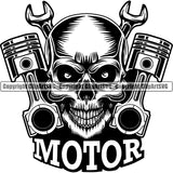 Motorcycle Chopper Motor Repair Mechanic Service Skeleton Repair Shop Garage Engine Piston Skull ClipArt SVG