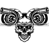 Motorcycle Chopper Motor Repair Mechanic Service Skeleton Garage Skull Horns Tires Muffler Logo ClipArt SVG