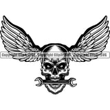 Motorcycle Chopper Motor Repair Mechanic Service Skeleton Logo Garage Custom Auto Parts Wings Skull ClipArt SVG