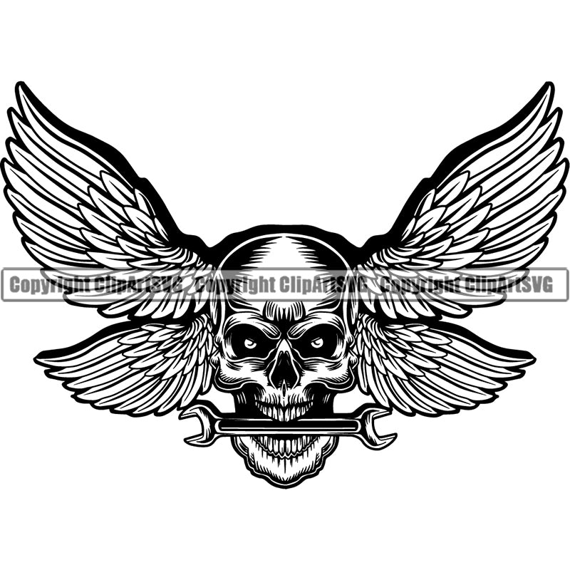 Motorcycle Chopper Motor Repair Mechanic Service Skeleton Logo Auto Parts Wings Skull ClipArt SVG