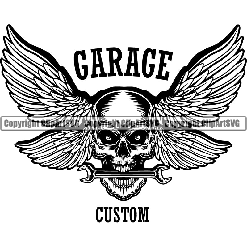 Motorcycle Chopper Motor Repair Mechanic Service Skeleton Logo Auto Parts Wings Skull ClipArt SVG