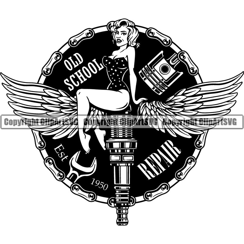 Mechanic Logo Auto Parts Engine Piston Chain Spark Pinup Girl ClipArt SVG